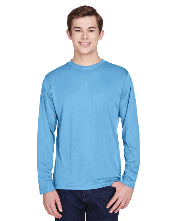 Man wearing a Team 365 Men's Zone Performance Long-Sleeve T-Shirt in Sport Light Blue.