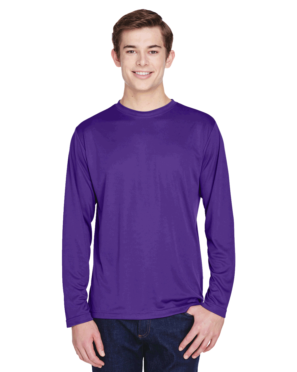 Man wearing a Team 365 Men's Zone Performance Long-Sleeve T-Shirt in Sport Purple.