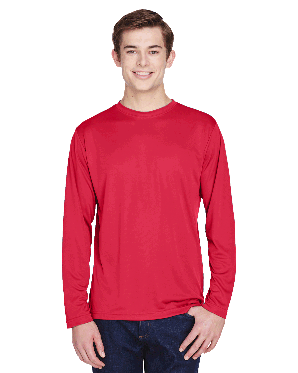 Man wearing a Team 365 Men's Zone Performance Long-Sleeve T-Shirt in Sport Red.