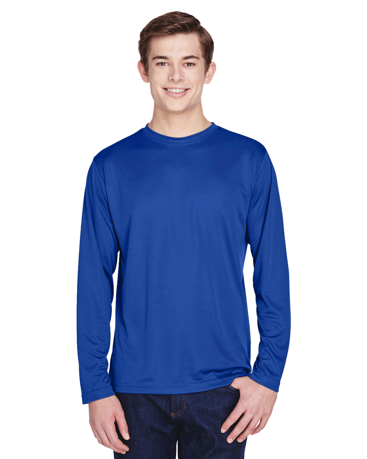 Man wearing a Team 365 Men's Zone Performance Long-Sleeve T-Shirt in Sport Royal.