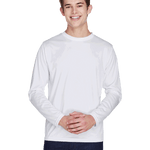 Man wearing a Team 365 Men's Zone Performance Long-Sleeve T-Shirt in White.