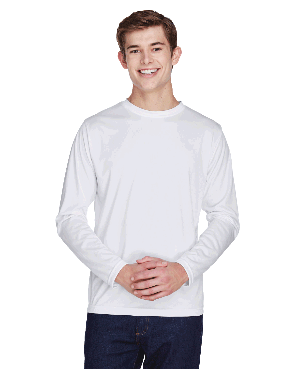 Man wearing a Team 365 Men's Zone Performance Long-Sleeve T-Shirt in White.