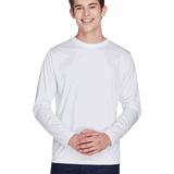 Man wearing a Team 365 Men's Zone Performance Long-Sleeve T-Shirt in White.