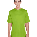 Boy wearing a Team 365 Men's Zone Performance T-Shirt in "Acid Green" color, standing with a relaxed posture and smiling.