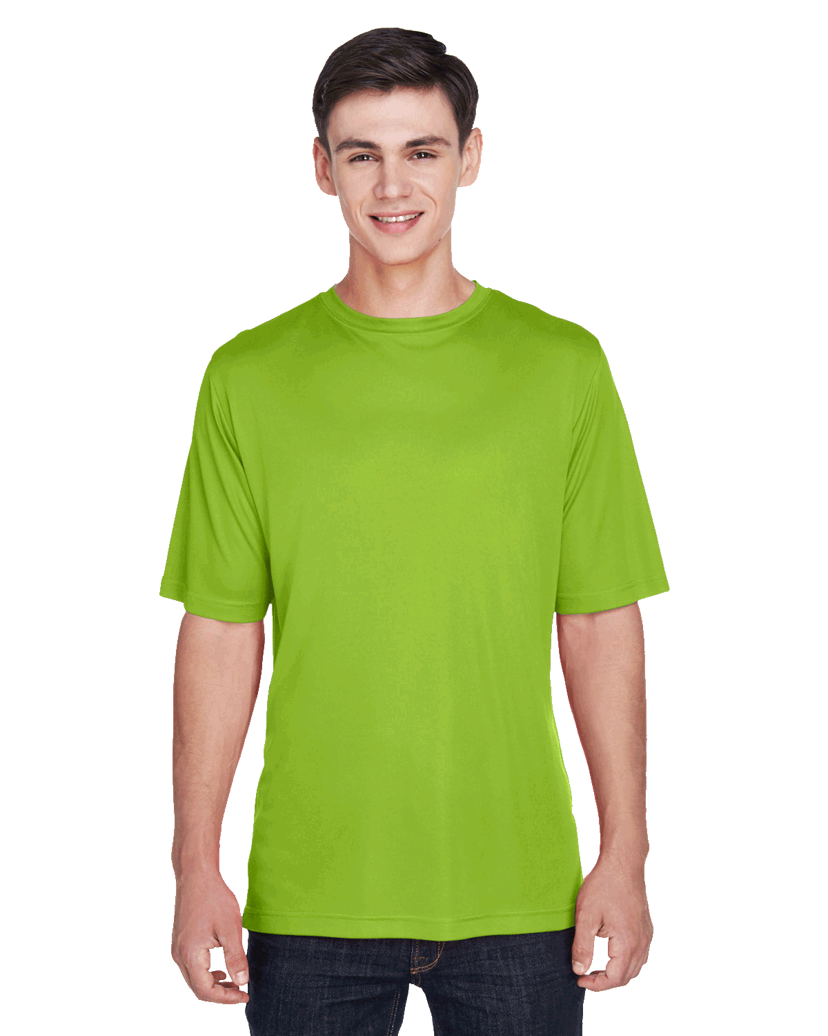 Boy wearing a Team 365 Men's Zone Performance T-Shirt in "Acid Green" color, standing with a relaxed posture and smiling.