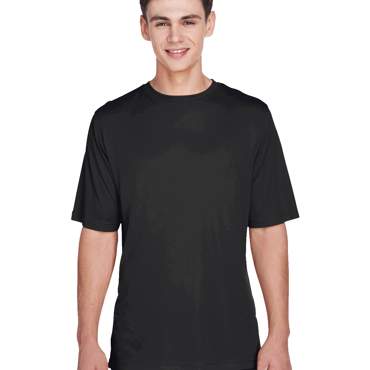 Team 365 Men's Zone Performance T-Shirt in "Black" color worn by a smiling boy, standing casually.