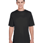 Team 365 Men's Zone Performance T-Shirt in "Black" color worn by a smiling boy, standing casually.