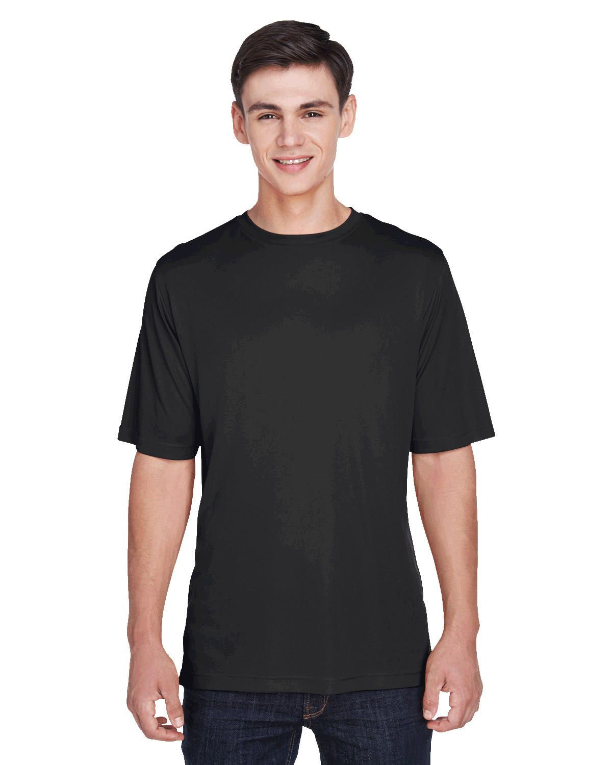 Team 365 Men's Zone Performance T-Shirt in "Black" color worn by a smiling boy, standing casually.