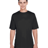 Team 365 Men's Zone Performance T-Shirt in "Black" color worn by a smiling boy, standing casually.