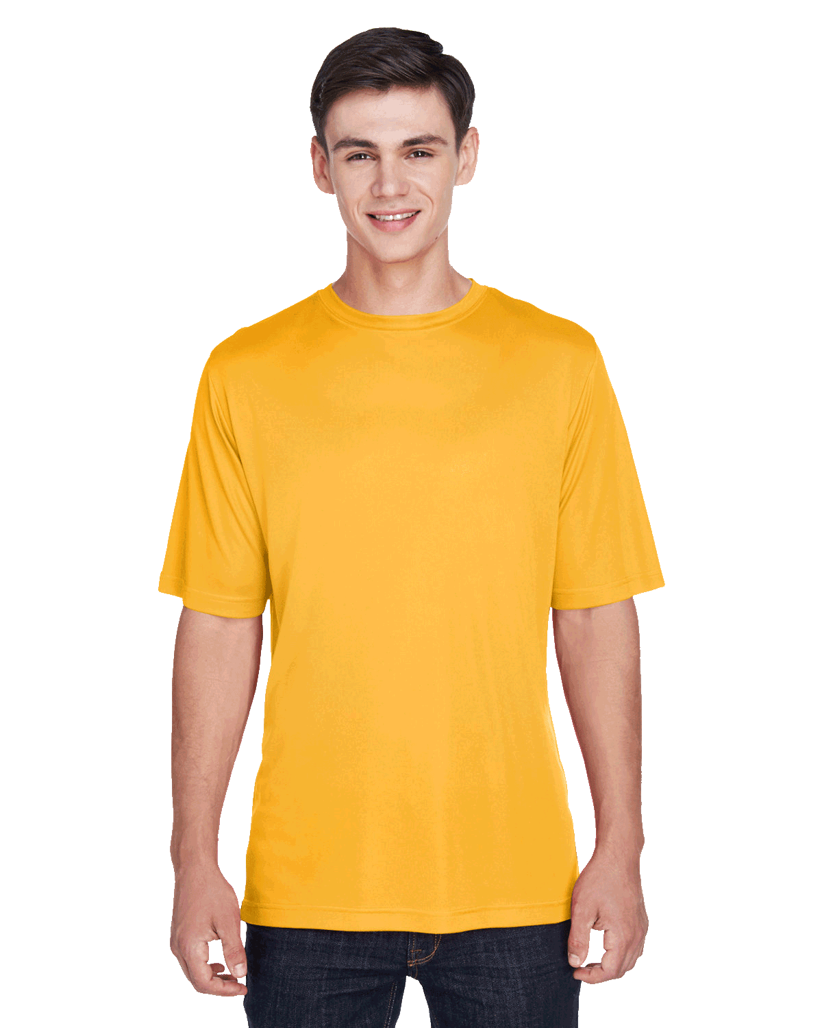 Team 365 Men's Zone Performance T-Shirt in "Sport Athletic Gold" color worn by a smiling boy, standing casually.