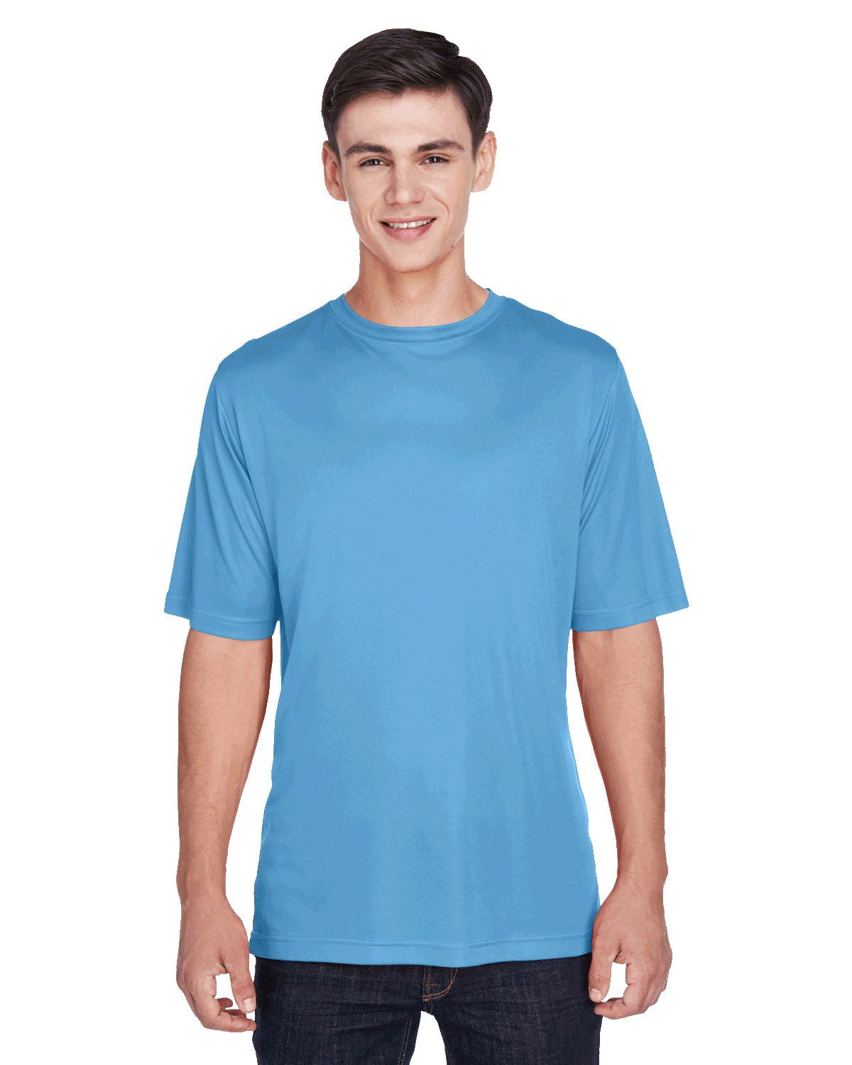 Team 365 Men's Zone Performance T-Shirt in "Sport Light Blue" color worn by a smiling boy, standing casually.