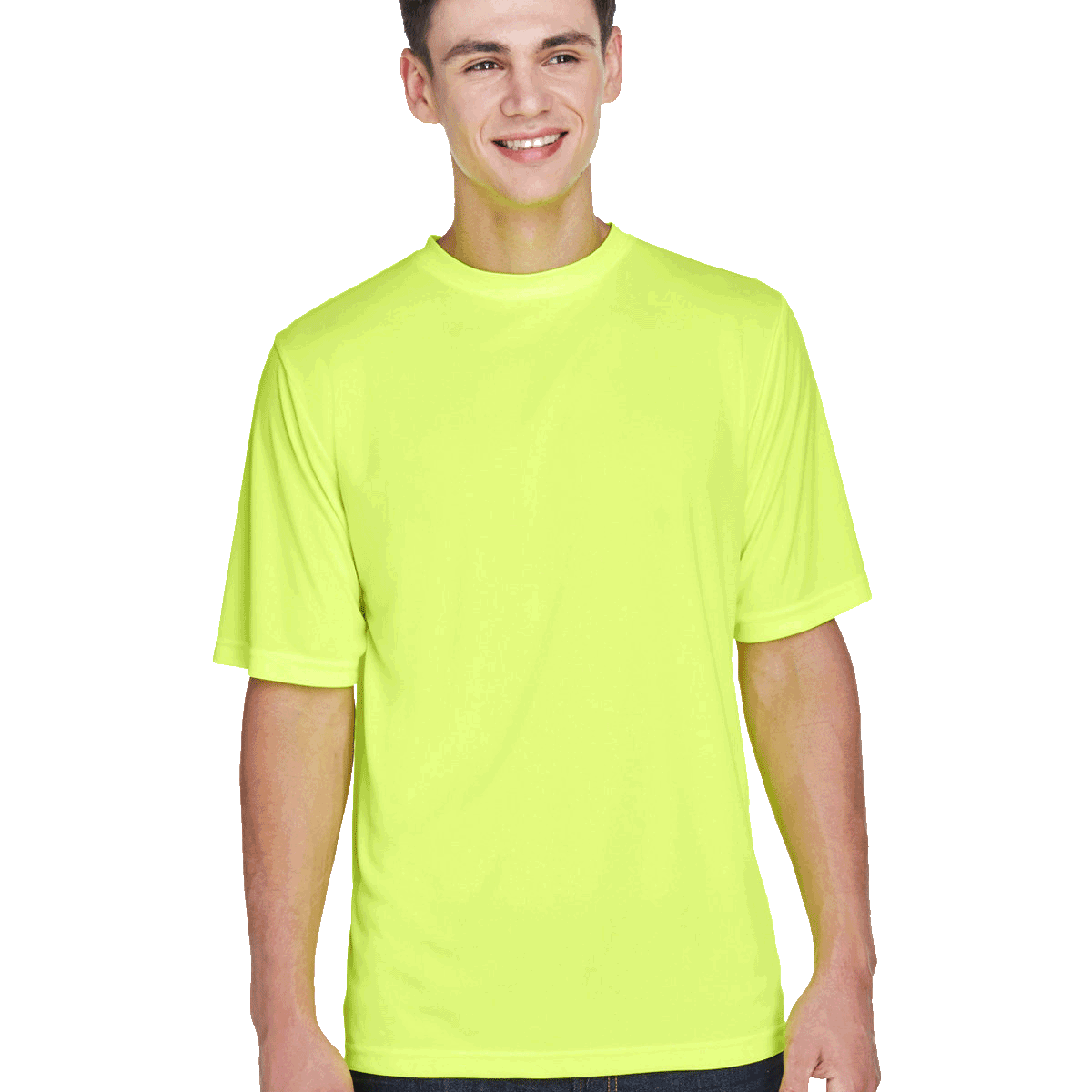 Boy in a "Safety Yellow" Team 365 Men's Zone Performance T-Shirt, standing with a relaxed posture and a cheerful expression.