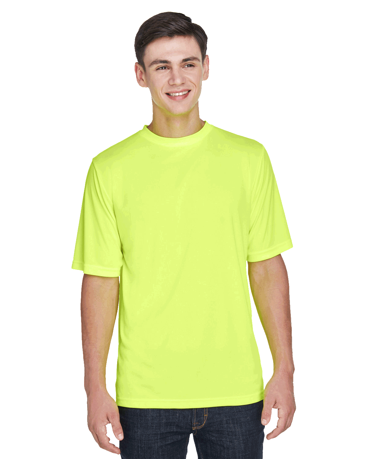 Boy in a "Safety Yellow" Team 365 Men's Zone Performance T-Shirt, standing with a relaxed posture and a cheerful expression.