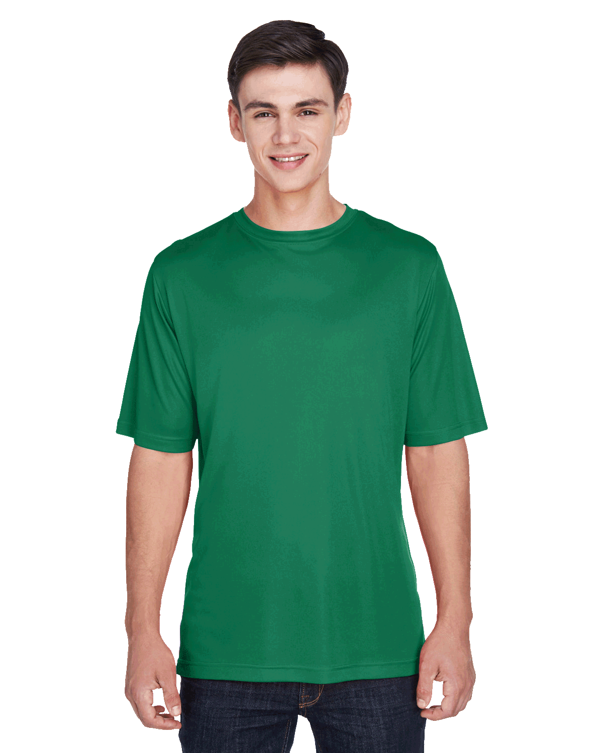 Boy in a "Sport Kelly" Team 365 Men's Zone Performance T-Shirt, standing with a relaxed posture and a cheerful expression.