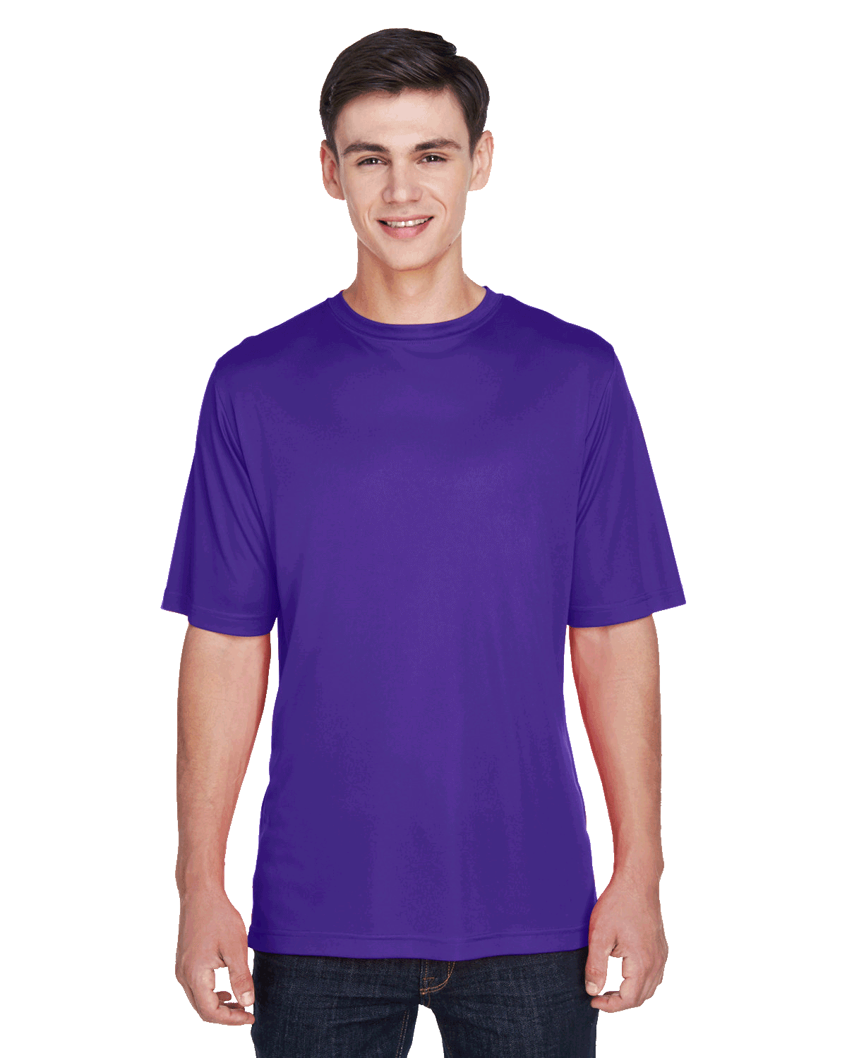 Boy in a "Sport Purple" Team 365 Men's Zone Performance T-Shirt, standing with a relaxed posture and a cheerful expression.