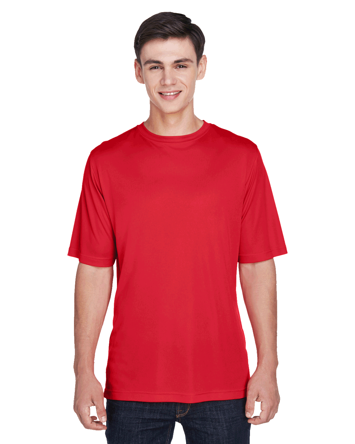 Boy wearing a Team 365 Men's Zone Performance T-Shirt in "Sport Red" color, standing with a relaxed posture and smiling.