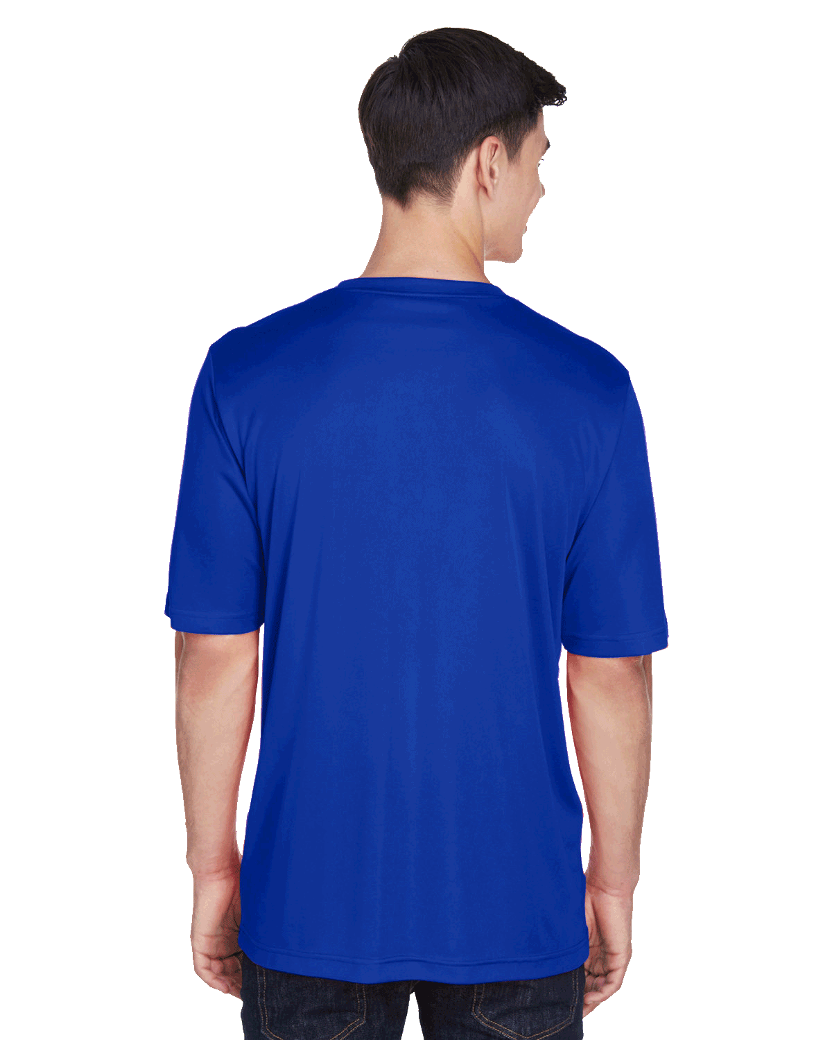 Back view of a boy wearing a Team 365 Men's Zone Performance T-Shirt in "Sport Royal" color, standing with a relaxed posture.