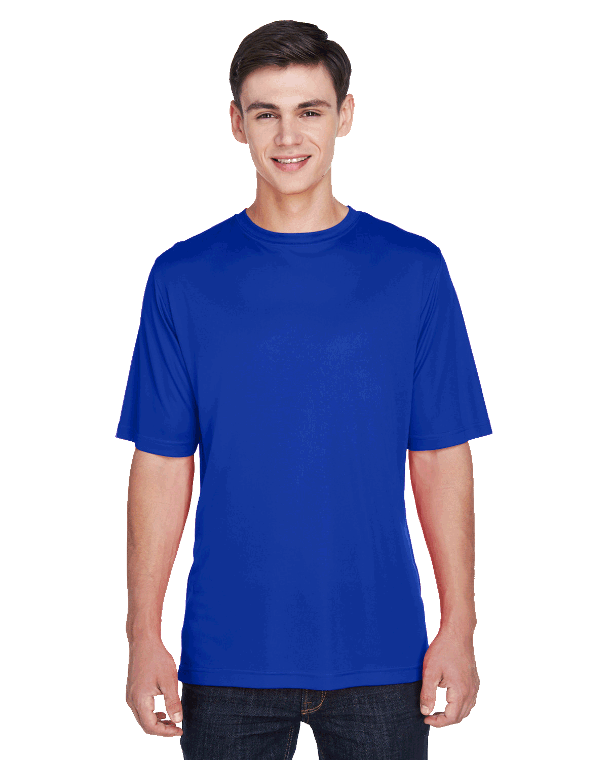 Teenager in a "Sport Royal" Team 365 Men's Zone Performance T-Shirt, standing with a relaxed posture and a cheerful expression.