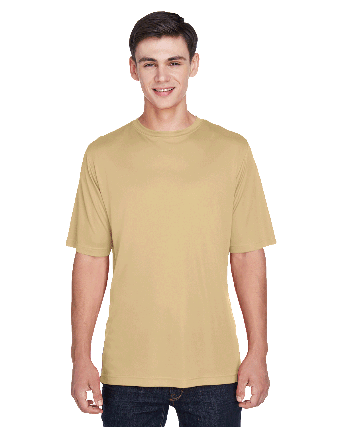 Boy in a "Sport Vegas Gold" Team 365 Men's Zone Performance T-Shirt, standing with a relaxed posture and a cheerful expression.