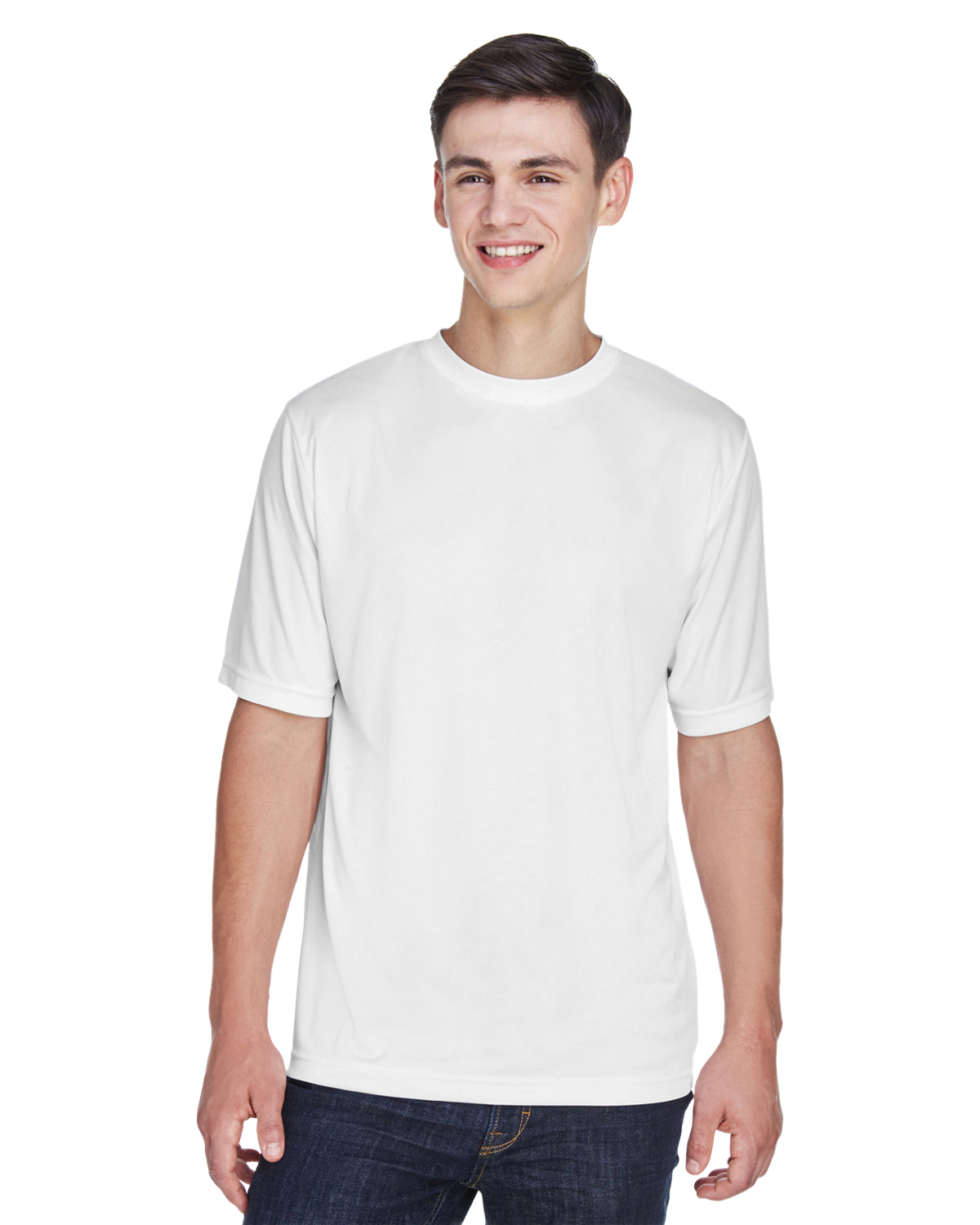 Boy in a "White" Team 365 Men's Zone Performance T-Shirt, standing with a relaxed posture and a cheerful expression.