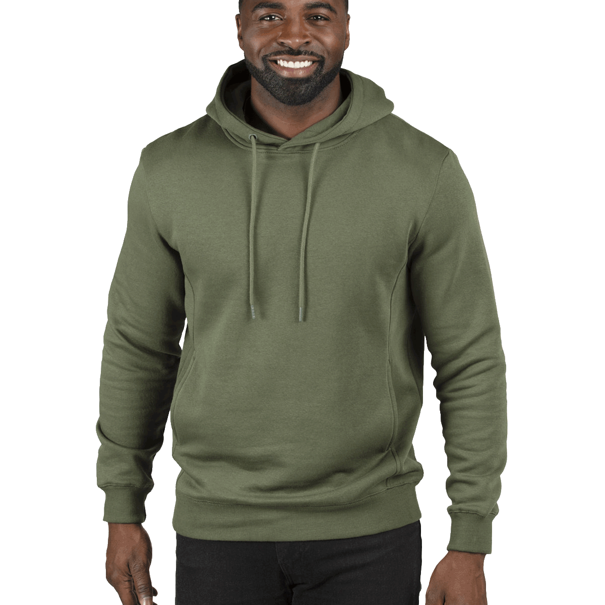 Man wearing a Threadfast Apparel Unisex Ultimate Fleece Pullover Hoodie in Army.