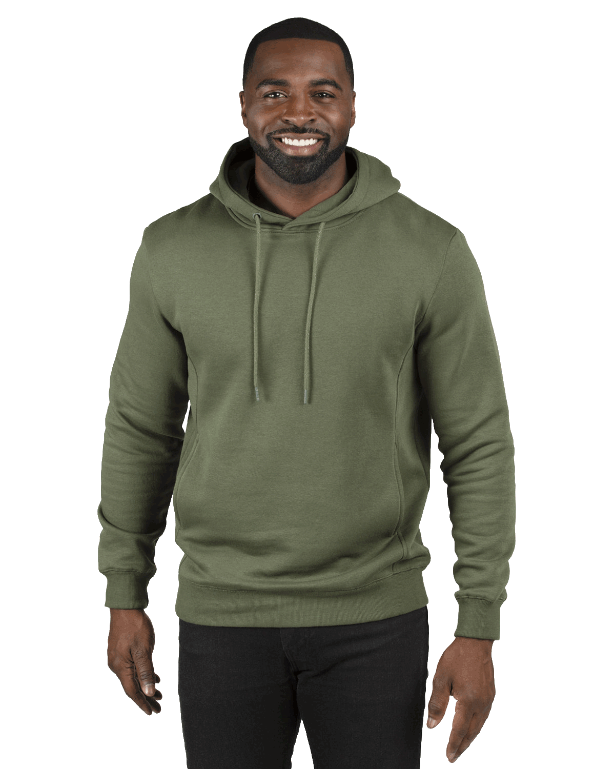 Man wearing a Threadfast Apparel Unisex Ultimate Fleece Pullover Hoodie in Army.