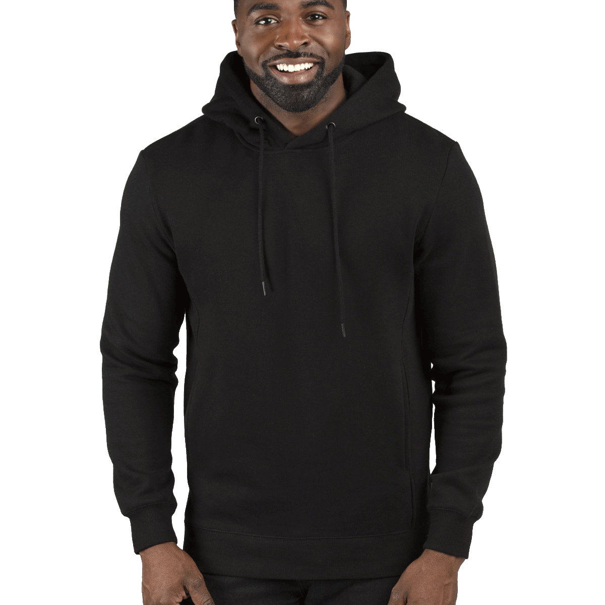 Man wearing a Threadfast Apparel Unisex Ultimate Fleece Pullover Hoodie in Black.