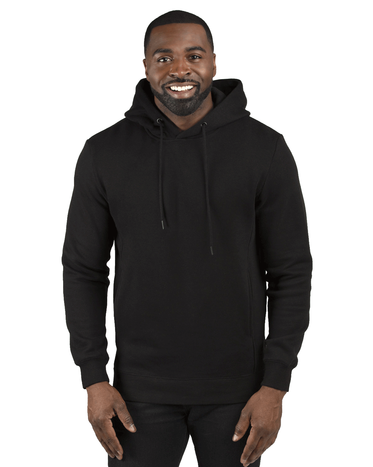 Man wearing a Threadfast Apparel Unisex Ultimate Fleece Pullover Hoodie in Black.