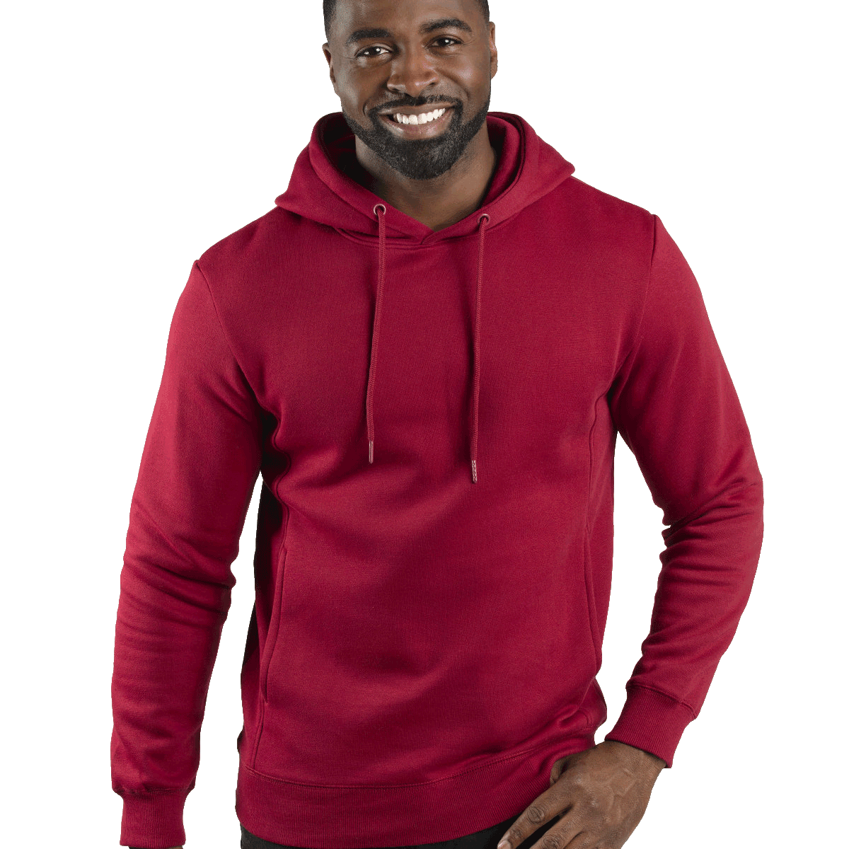 Man wearing a Threadfast Apparel Unisex Ultimate Fleece Pullover Hoodie in Burgundy.