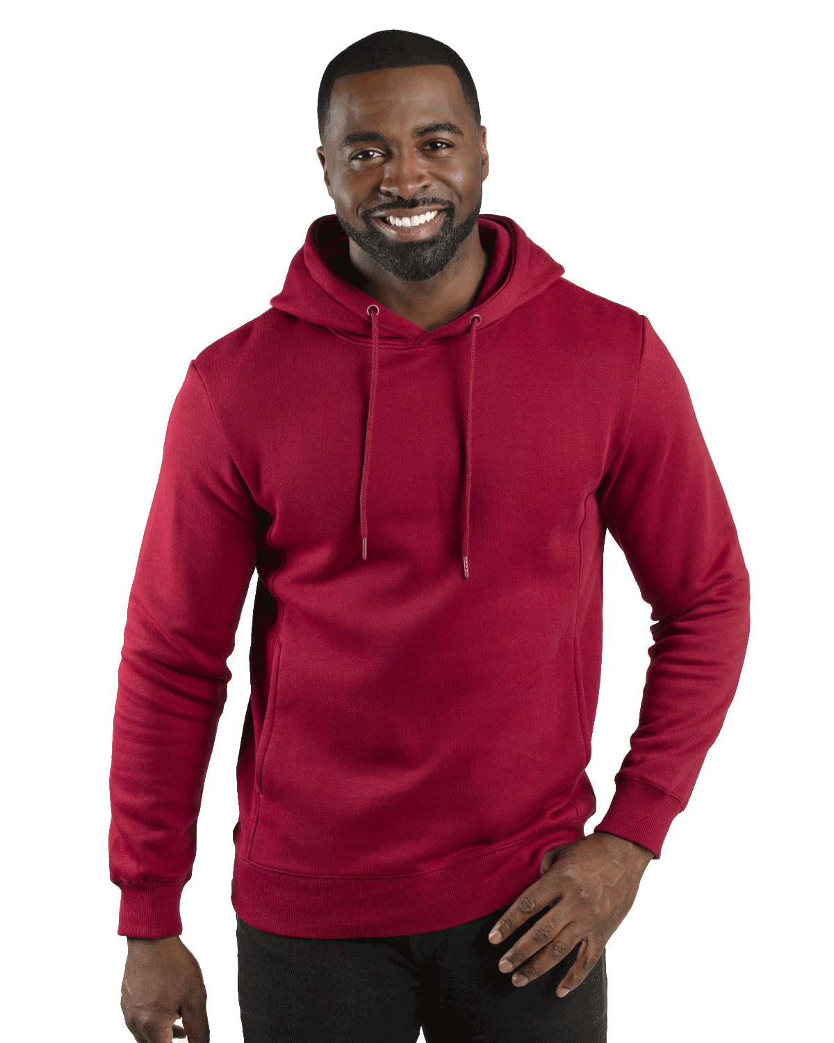 Man wearing a Threadfast Apparel Unisex Ultimate Fleece Pullover Hoodie in Burgundy.