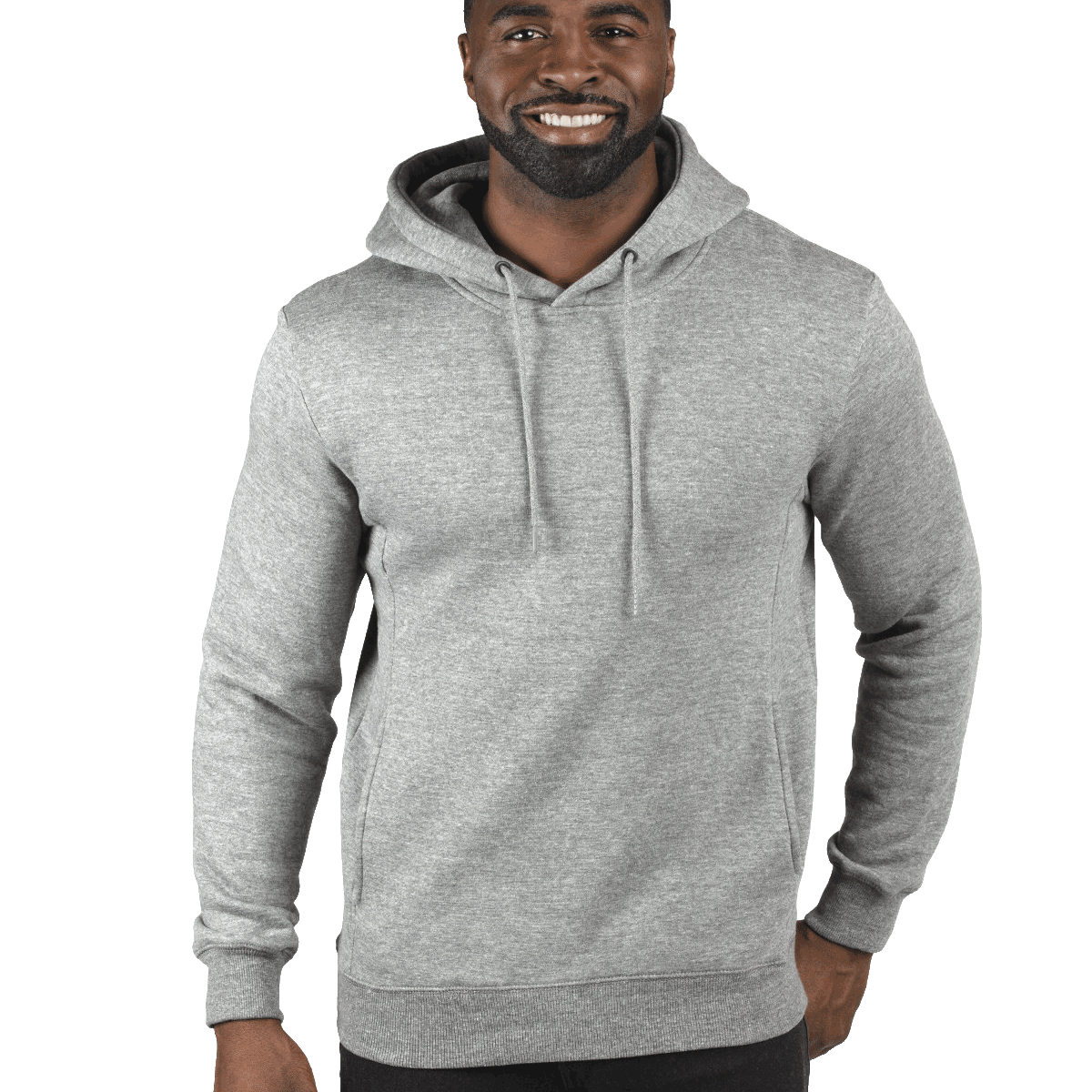 Man wearing a Threadfast Apparel Unisex Ultimate Fleece Pullover Hoodie in Heather Grey.