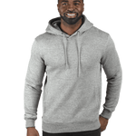 Man wearing a Threadfast Apparel Unisex Ultimate Fleece Pullover Hoodie in Heather Grey.