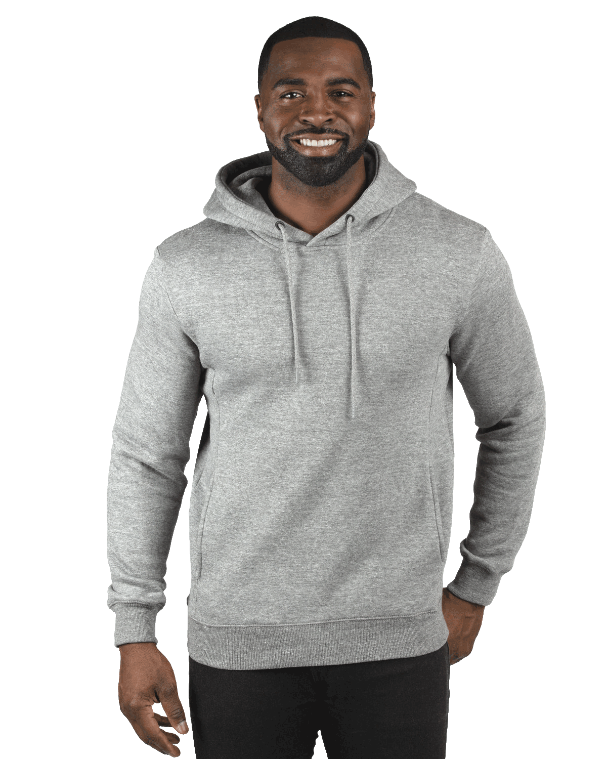 Man wearing a Threadfast Apparel Unisex Ultimate Fleece Pullover Hoodie in Heather Grey.