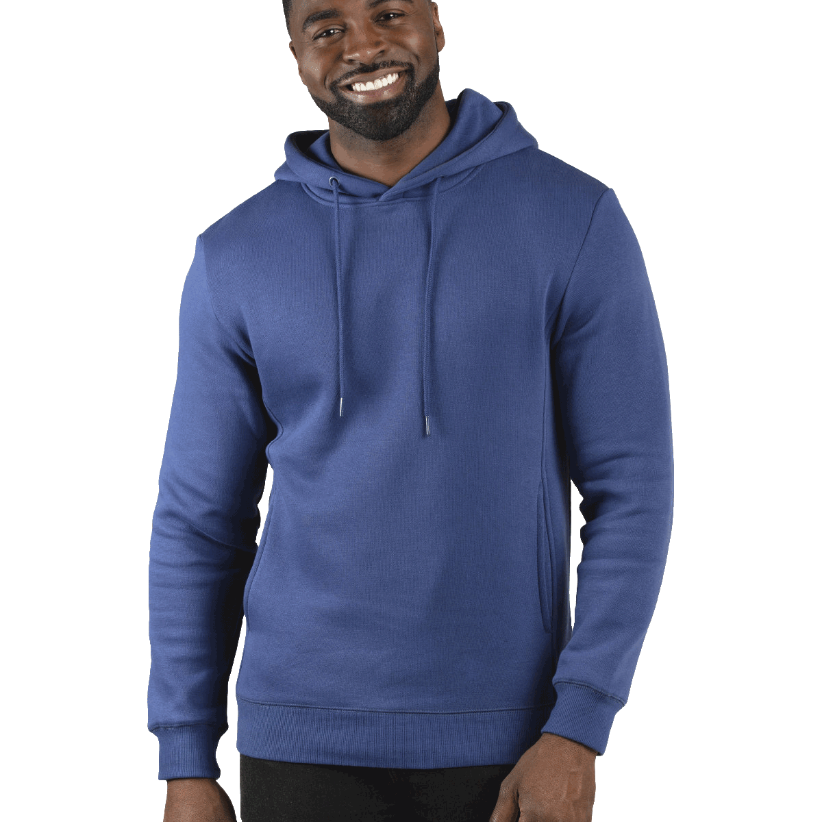 Man wearing a Threadfast Apparel Unisex Ultimate Fleece Pullover Hoodie in Navy.