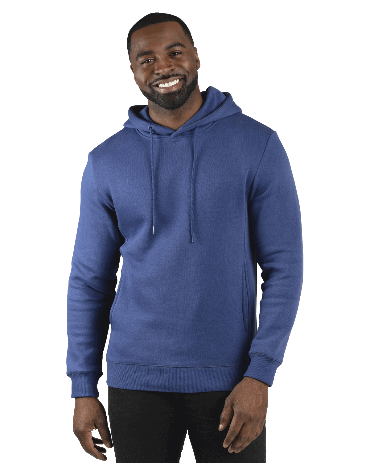 Man wearing a Threadfast Apparel Unisex Ultimate Fleece Pullover Hoodie in Navy.