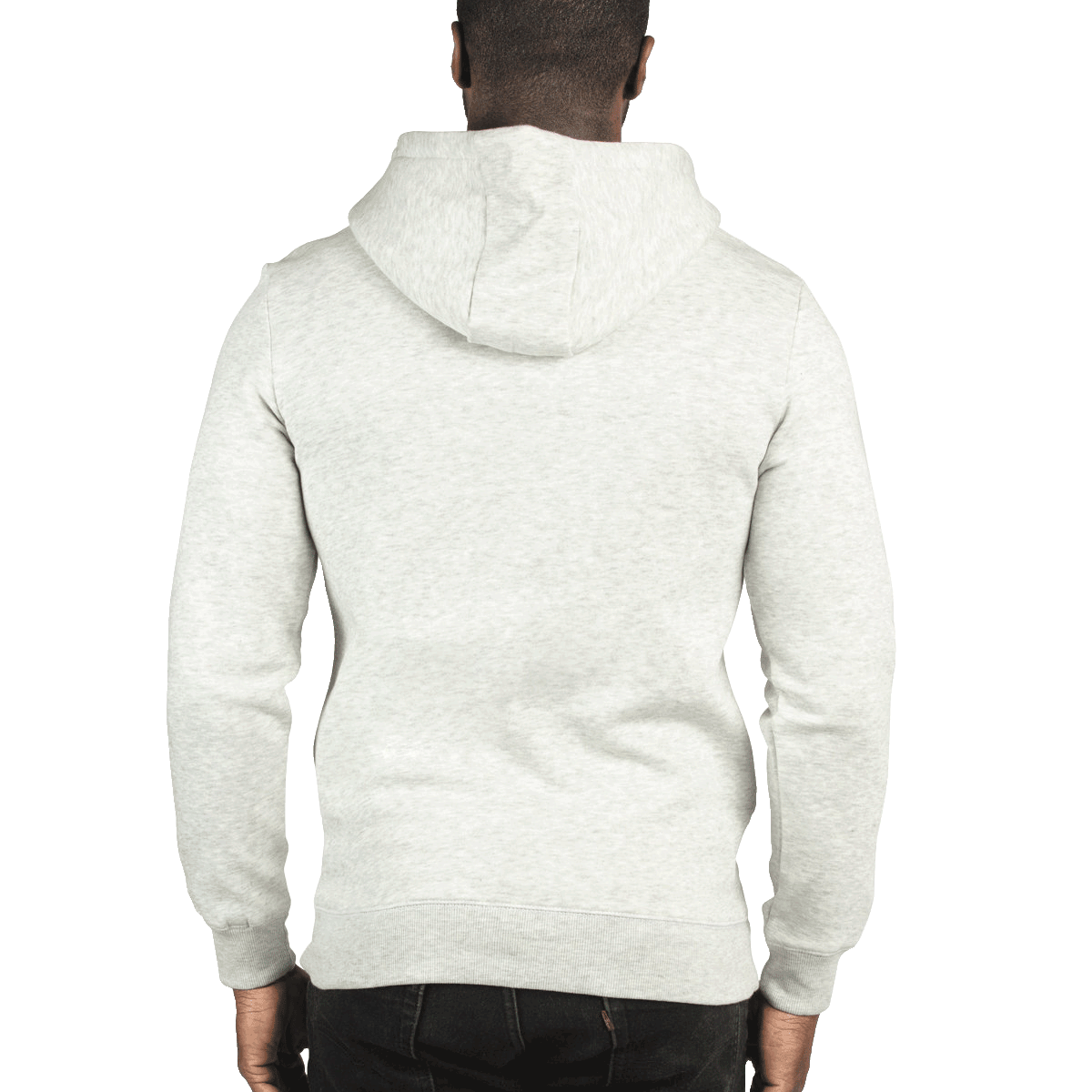 Rear view of a man wearing a Threadfast Apparel Unisex Ultimate Fleece Pullover Hoodie in Oatmeal Heather.