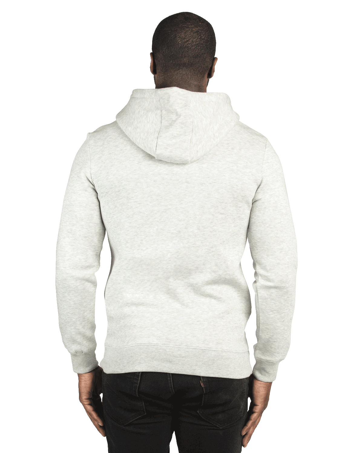 Rear view of a man wearing a Threadfast Apparel Unisex Ultimate Fleece Pullover Hoodie in Oatmeal Heather.