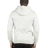 Rear view of a man wearing a Threadfast Apparel Unisex Ultimate Fleece Pullover Hoodie in Oatmeal Heather.