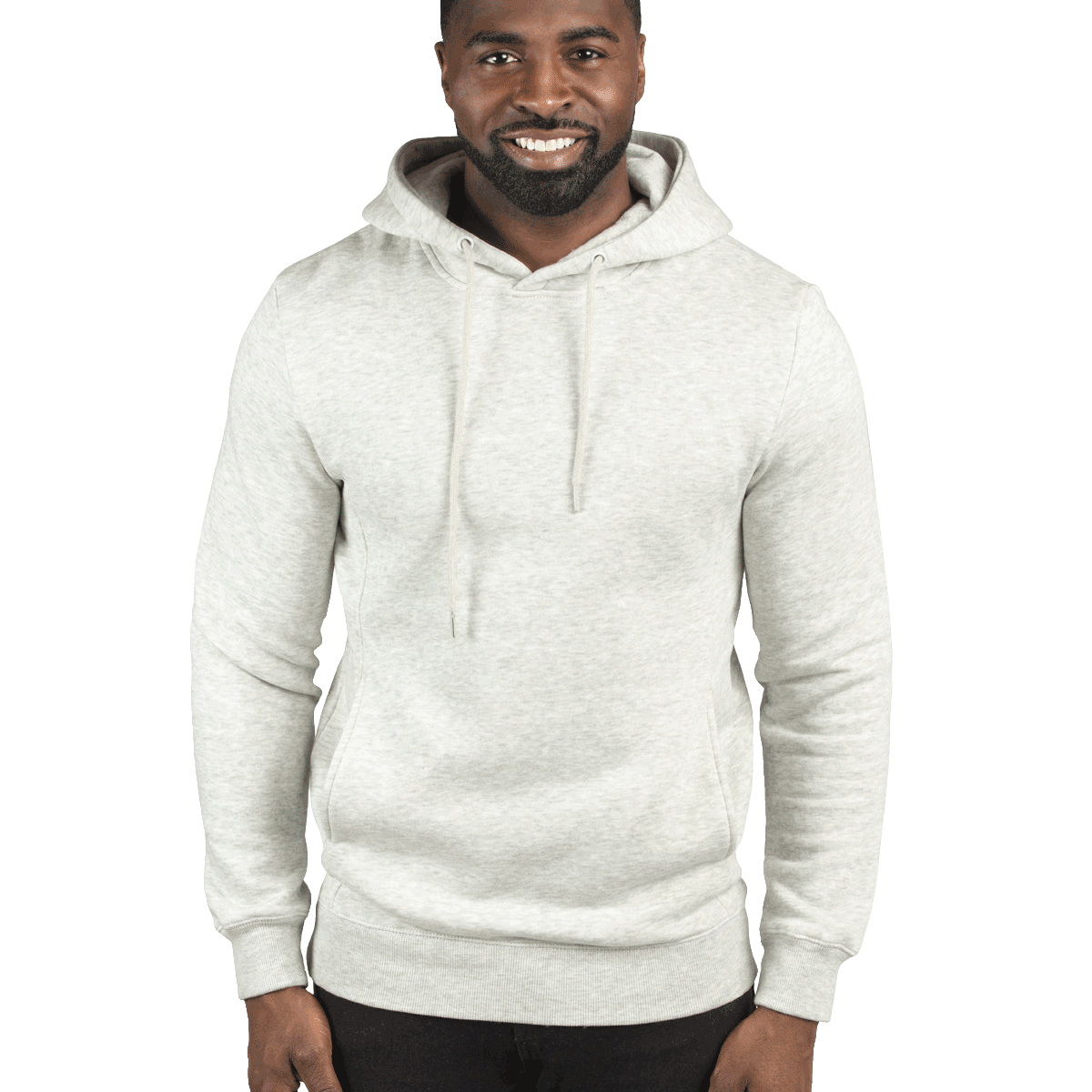 Man wearing a Threadfast Apparel Unisex Ultimate Fleece Pullover Hoodie in Oatmeal Heather.