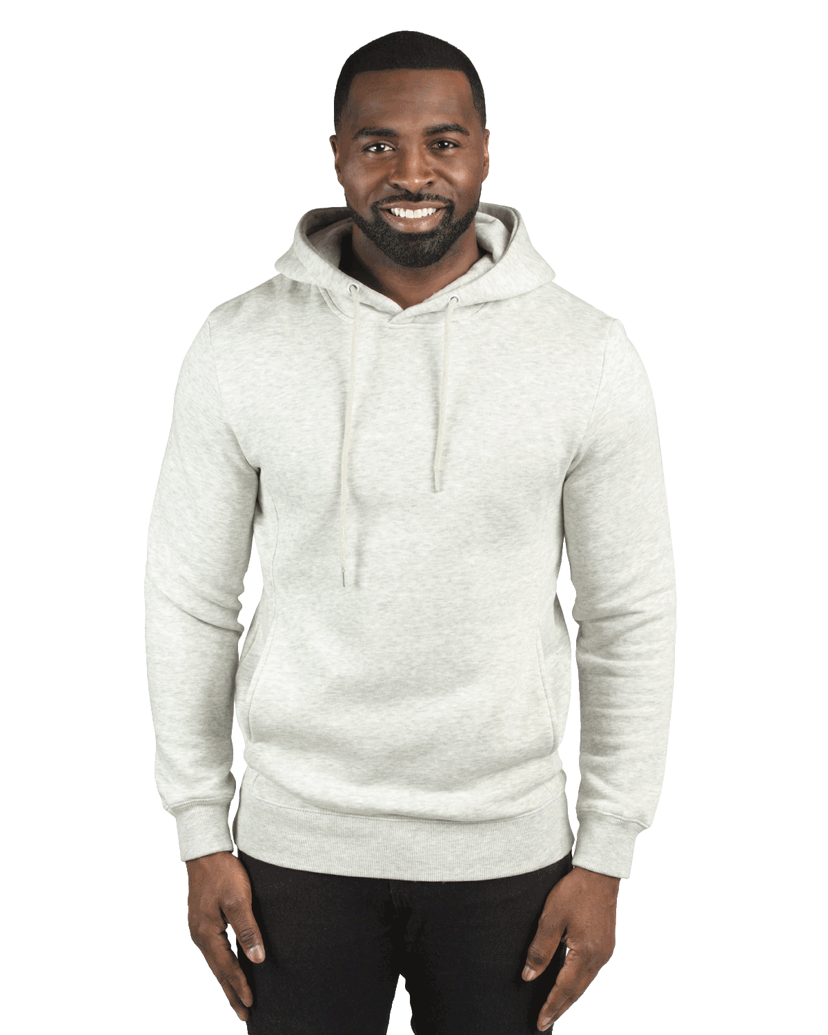 Man wearing a Threadfast Apparel Unisex Ultimate Fleece Pullover Hoodie in Oatmeal Heather.