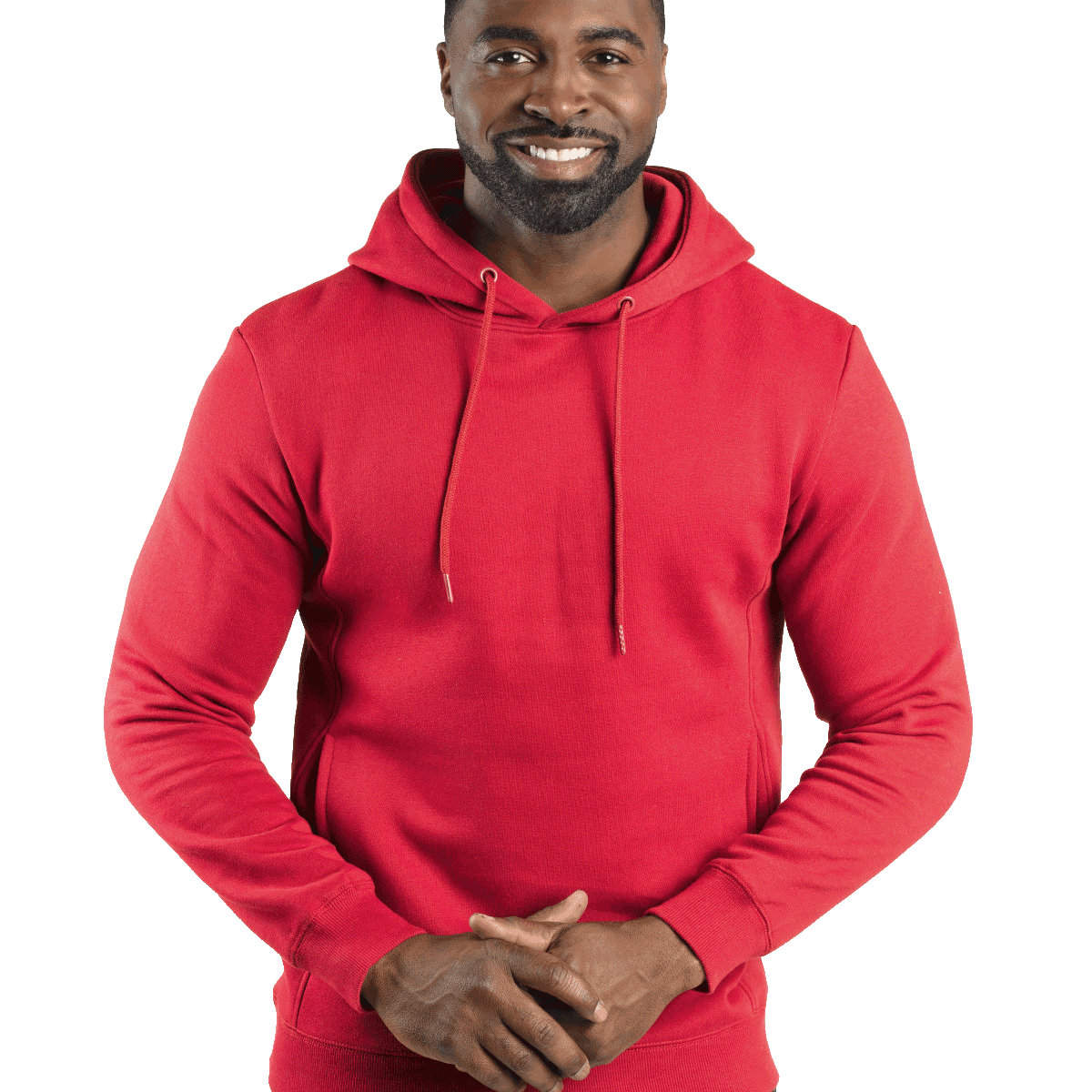 Man wearing a Threadfast Apparel Unisex Ultimate Fleece Pullover Hoodie in Red.