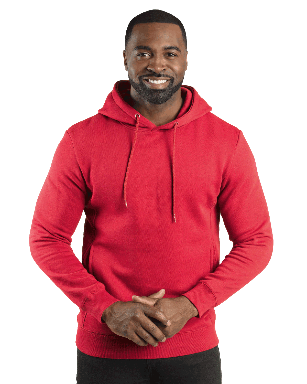 Man wearing a Threadfast Apparel Unisex Ultimate Fleece Pullover Hoodie in Red.