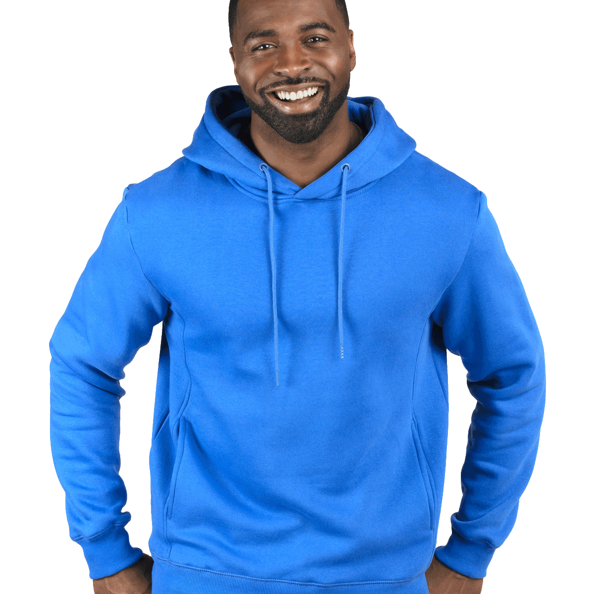 Man wearing a Threadfast Apparel Unisex Ultimate Fleece Pullover Hoodie in Royal.