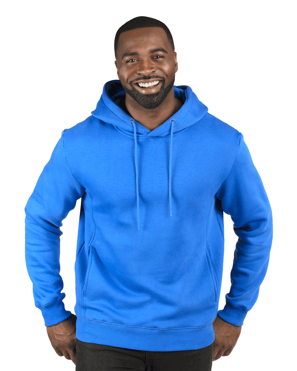 Man wearing a Threadfast Apparel Unisex Ultimate Fleece Pullover Hoodie in Royal.