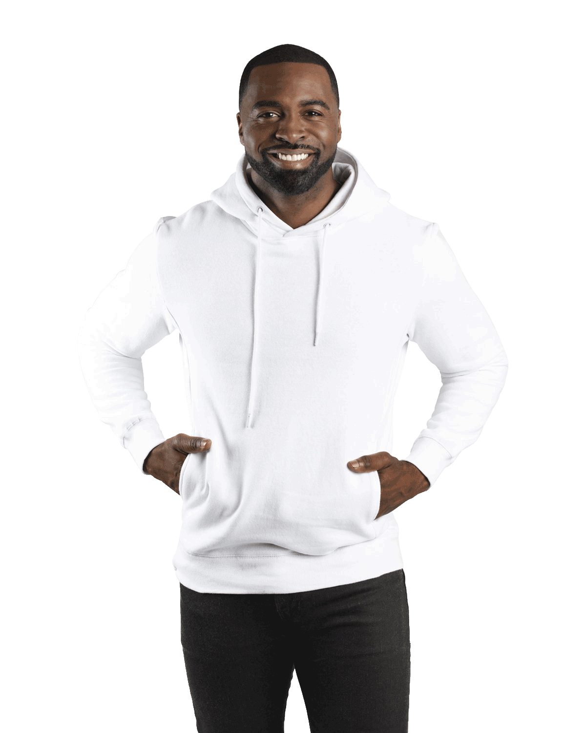 Man wearing a Threadfast Apparel Unisex Ultimate Fleece Pullover Hoodie in white.