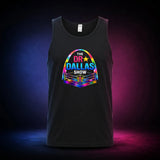 Black Gildan 5200 tank top featuring the rainbow Dr. Dallas Show wrestling ring logo, front view