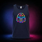 Navy Gildan 5200 tank top featuring the rainbow Dr. Dallas Show wrestling ring logo, front view