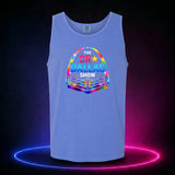 Flo Blue Comfort Colors 9360 tank top featuring the rainbow Dr. Dallas Show wrestling ring logo, front view