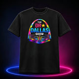 Black Comfort Colors 1717 T-shirt featuring the rainbow Dr. Dallas Show wrestling ring logo, front view