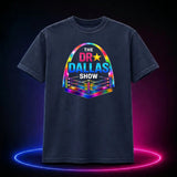 Midnight Comfort Colors 1717 T-shirt featuring the rainbow Dr. Dallas Show wrestling ring logo, front view